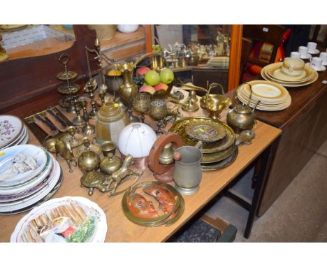 A large quantity of various brass ware and glass light shades