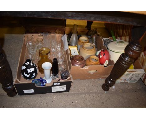 Three boxes containing enamel saucepans, stoneware jars, various glasses, a small brown leather case etc. 