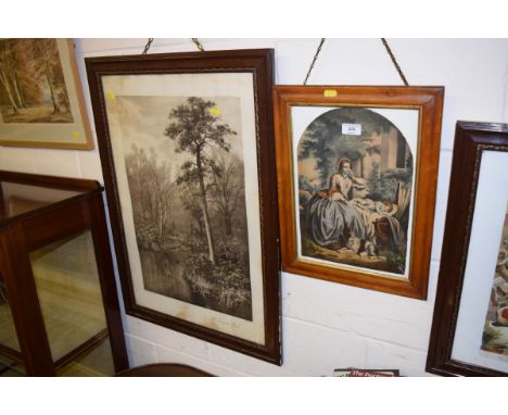 A maple framed coloured print depicting a mother and child; together with one other print entitled "A Forest Pool"