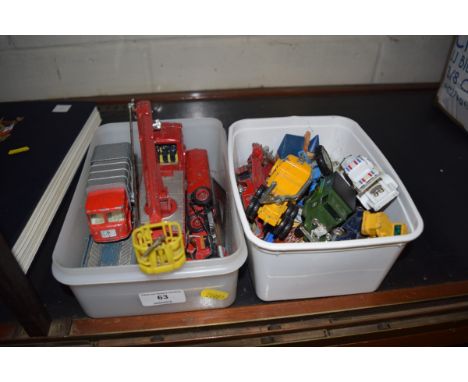 Two boxes of die-cast model vehicles and toys to include Matchbox, and Corgi 