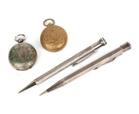 A silver and enamel sovereign case; a base metal example; and two hallmarked silver pencils (4) 