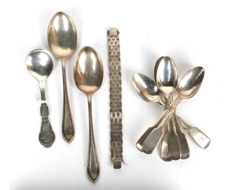 A silver gate link bracelet, two silver dessert spoons, six silver teaspoons, Norwegian silver spoon 