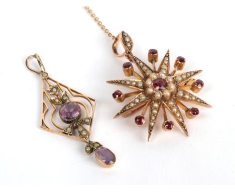 A garnet and seed pearl star brooch/pendant (with detachable pendant loop), unmarked, measures 3.4cm by 4.5cm; and an amethys