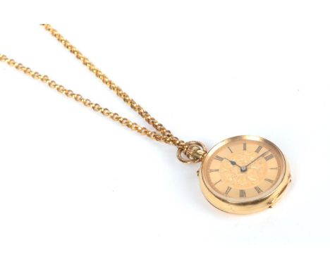 A lady's fob watch, case stamped '18K', with attached yellow metal chain 