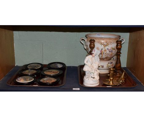 Six framed pot lids, a Staffordshire figure, a pair of oak candlesticks, a brass candlestick and snuffer and Crown Ducal Ware