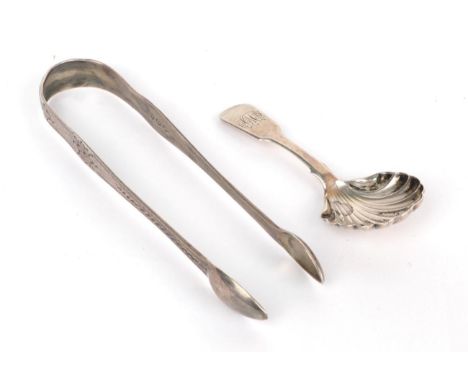 Newcastle silver, a pair of George III sugar tongs, John Langlands, circa 1800; and a fiddle pattern caddy spoon, Thomas Sewe