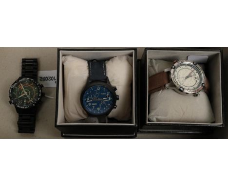 A Time Tide-Compass-Temp wristwatch, a Timex chronograph wristwatch, and a Timex indiglo Tide-Compass-Temp wristwatch, two wi