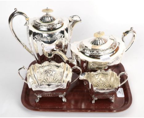 A plated four-piece tea service, with mother of pearl finials and ivory insulators, the hot water jug 23.5 cm high 