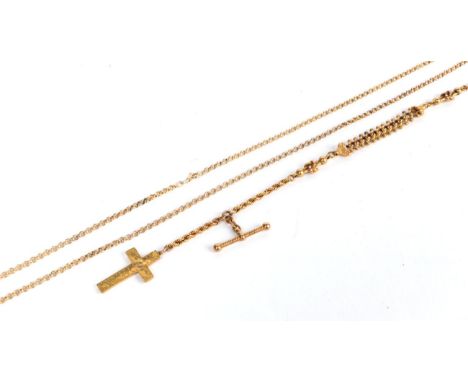 A 9 carat gold belcher chain, length 61cm; and a 9 carat gold cross pendant on a fancy link albertina. Gross weight 17.10 gra
