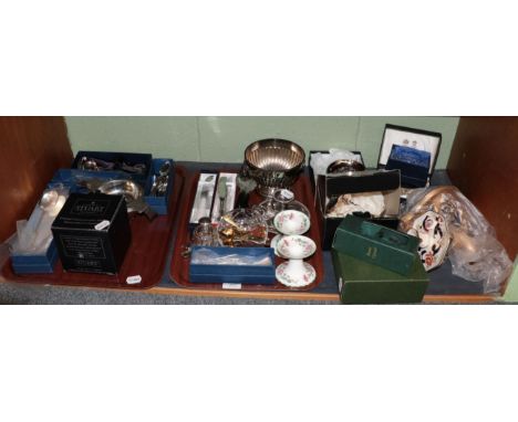 A shelf of silver plated cutlery; a chamber stick; pedestal bowl; Masons Mandalay candlestick; pair of Haddon Hall candlestic