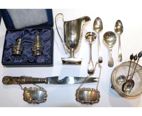 Silver caddy spoon, Sheffield, 1977; two decanter labels, engraved for 'Sweet Sherry' and 'Port', London, 1973 and Sheffield,