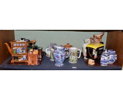 ^ A shelf of modern Rington's china including teapots; Willow pattern blue and white china; a Maling jug; two Maling lustre v