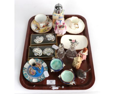 A tray including four ceramic decanter labels; a Dresden cabinet cup and saucer; a Royal Worcester blush ivory fire extinguis