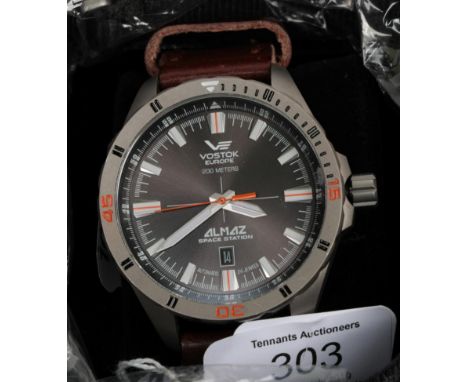 A Vostok Europe automatic calendar Space Station Almaz wristwatch, all titanium case, limited 0557/3000, with box and leaflet