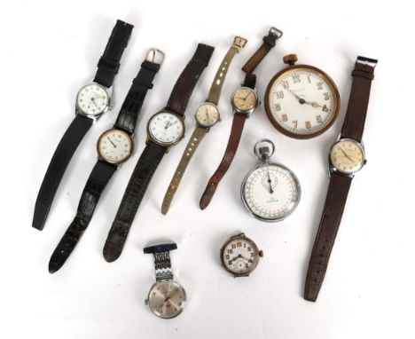 A selection of watches comprising of, nickel cased Omega stopwatch, 8-day travel timepiece retailed by JR Ogden &amp; Sons Lt