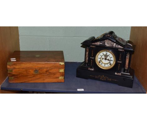 A black slate and marble striking mantel clock, signed Ansonia Clock Co, New York, USA, Patent June 14,81, and a Victorian ma
