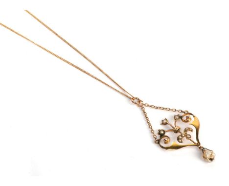A seed pearl set pendant with baroque pearl suspended with applied plaque stamped '9C', chain also stamped '9C', pendant leng