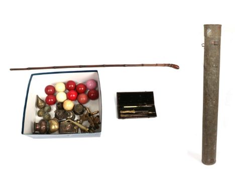 An early 20th century ivory billiard ball and ten celluloid example; an early 20th century bamboo sword stick; several scale 