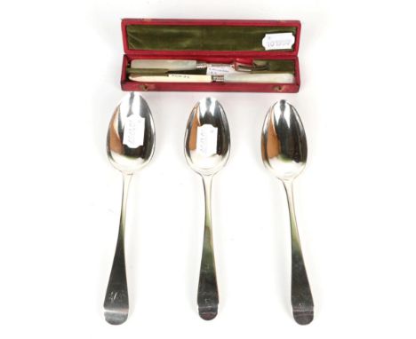 A pair of George III silver table spoons, Stephen Adams, London 1772; a provincial example, Barber &amp; Whitwell, York 1829;