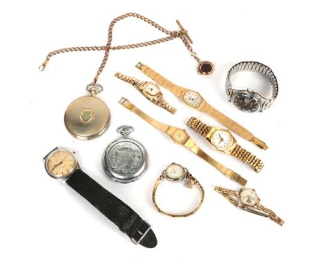 Tissot Seastar wristwatch; an electronic Timex wristwatch; two full hunter pocket watches etc 