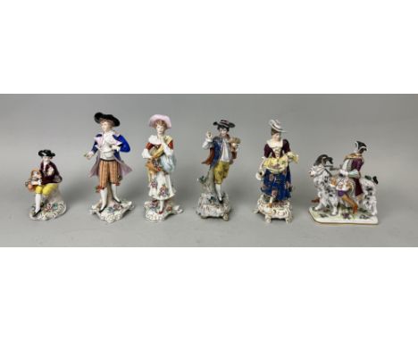 A GROUP OF PORCELAIN FIGURES TO INCLUDE TWO MARKED FOR CHELSEA WITH ANCHOR, AND ANOTHER CAPIDEMONTETallest 19cm H