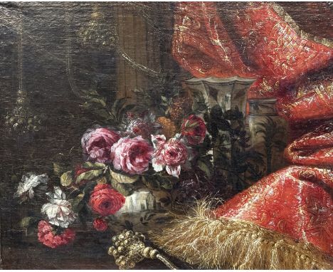 A 17TH CENTURY OIL PAINTING ON CANVAS DEPICTING A STILL LIFE WITH FLOWERS AND BLUE AND WHITE CHINESE CERAMICS73cm x 60cm