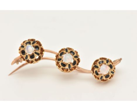 A LATE 19TH CENTURY CONTINENTAL 15CT GOLD OPAL BROOCH, designed as a series of three opal cabochons, within extended claw set