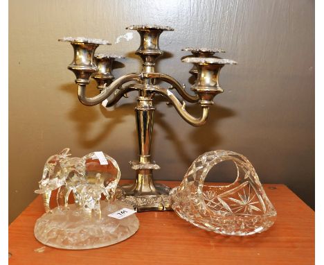 CANDELABRA,GLASS BOWL AND GLASS ELEPHANT FIGURE