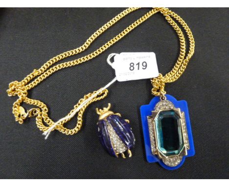VINTAGE KENNETH J LANE PENDANT ON CHAIN,RHINESTONES ETC IN BOX TOGETHER WITH KJL BUG BROOCH