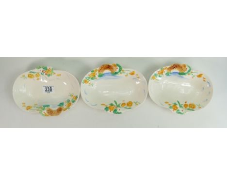 Three Clarice Cliff Newport pottery dishes: Each measuring 19.cm wide. (3) 
