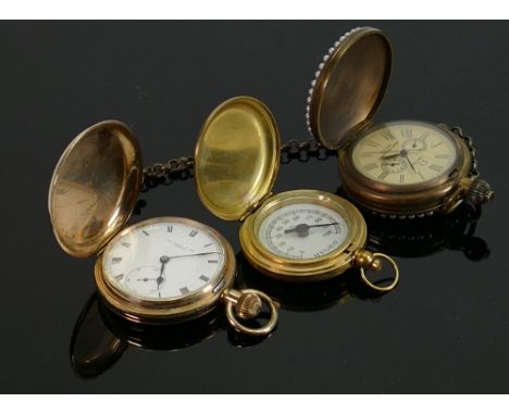 Thomas Russell gold plated full hunter gents pocket watch: Winds and ticks. Together with overseas made, base metal pocket wa