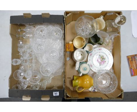 A mixed collection of item to include: quality cut glass crystal, decanter, pottery tankards and jugs etc (2 trays) 