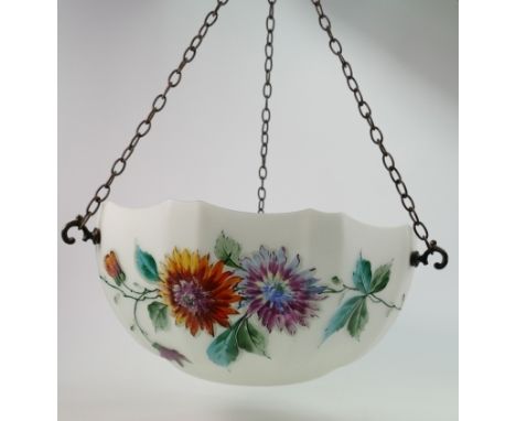 Large floral frosted glass ceiling light shade and chains: Diameter 34cm &amp; depth 19cm. 
