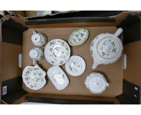 A collection of Wedgwood Wild Strawberry Patterned items to include: teapot, sugar bowl, cups, saucers, pin dishes etc 