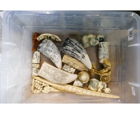 Group of 19 imitation ivory items: includes scrimshaw, netsuke, okimono &amp; other items made from various man made material