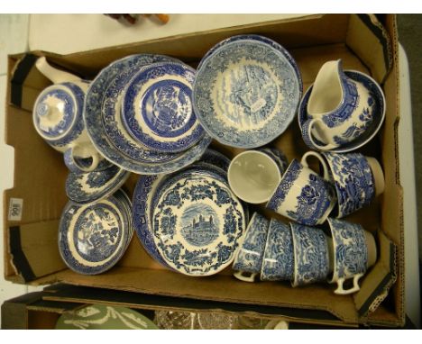 A collection of Blue  White Ironstone ware including: Enoch Wedgwood plates, Meakins Teapot etc 