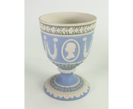 Wedgwood portrait goblet in tri colour jasperware: with panels of Queen Elizabeth and Prince Philip, dated 1976, height 12.5c