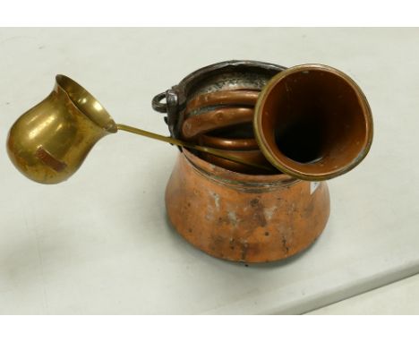 Turkish Copper small pail: together with George Potter &amp; Co Aldershot Bugle &amp; brass whiskey measure(3) 