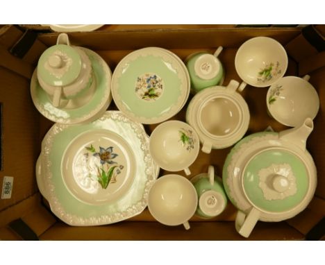 A collection of Wedgwood Hampton Court patterned teaware: nip noted to lip of spout of teapot, 22 pieces 