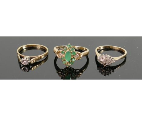 Three x 9ct gold gem set rings: Includes various white and green stones,  gross weight 6.2 g, sizes K, L and P(green stones).