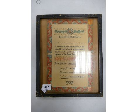 Framed Recognition WW1 Certificate from the County of Stafford: to Samuel George Holden Special Constable 