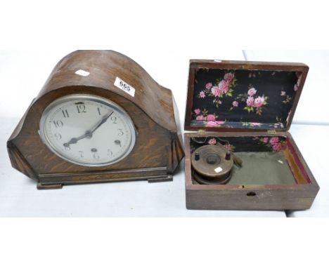 Oak Cased Art Deco Mantle Clock: together with small wooden box &amp; fishing reel(3) 