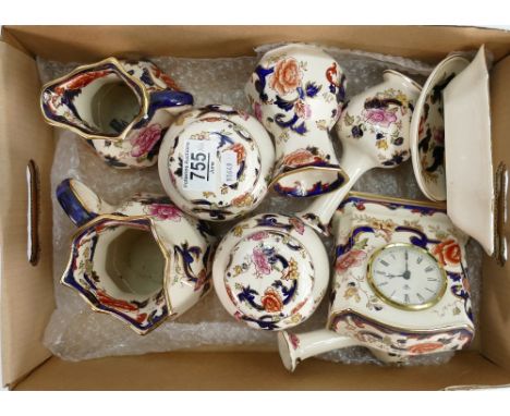 Ten pieces of Masons Mandalay: Includes 2 x jugs, 2 x ginger jars &amp; lids - one lid reglued, 3 vases, 2 dishes and a clock