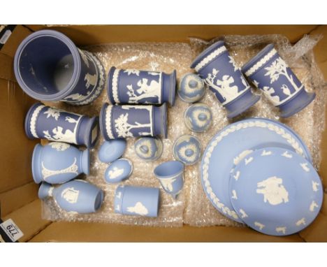 Collection of 19 Wedgwood pieces of Jasperware: Included vases, plates including Peter Rabbit, bells, egg shaped trinket pot 