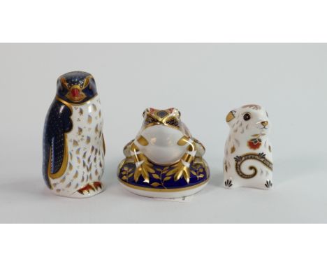 Three x Royal Crown Derby paperweights: Rockhopper penguin silver stopper, frog ceramic stopper and mouse gold stopper (3) 