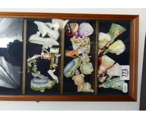 Small display cabinet containing 19 ceramic miniatures: Includes Royal Doulton miniature special edition toby jug D6806, issu