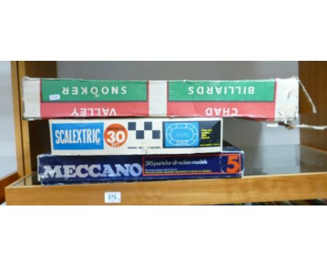 A collection of vintage toys to include: Boxed Chad Valley Snooker Table, Meccano No5 boxed set &amp; boxed Scalextric Sports