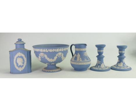 A collection of Wedgwood Jasperware to include: footed bowl, candlesticks, decanter &amp; jug 