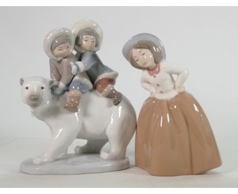 Lladro Figure of Eskimo's &amp; Polar Bear: together with Nao Figure of Girl, height of tallest 18cm(2) 