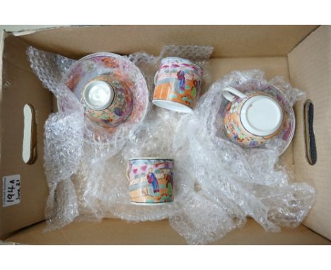 New Hall porcelain 6 pieces ref 425 window pattern: Coffee cans x 2 (repair to 1 rim chip, hairline to the other), tea bowl (